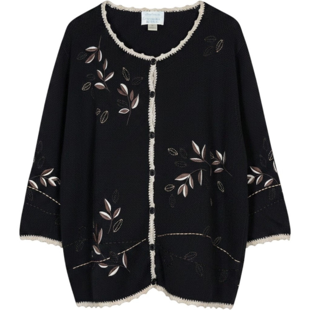 Christopher & Banks Black Embroidered Leaf Cardigan Hand Crochet Trim XL